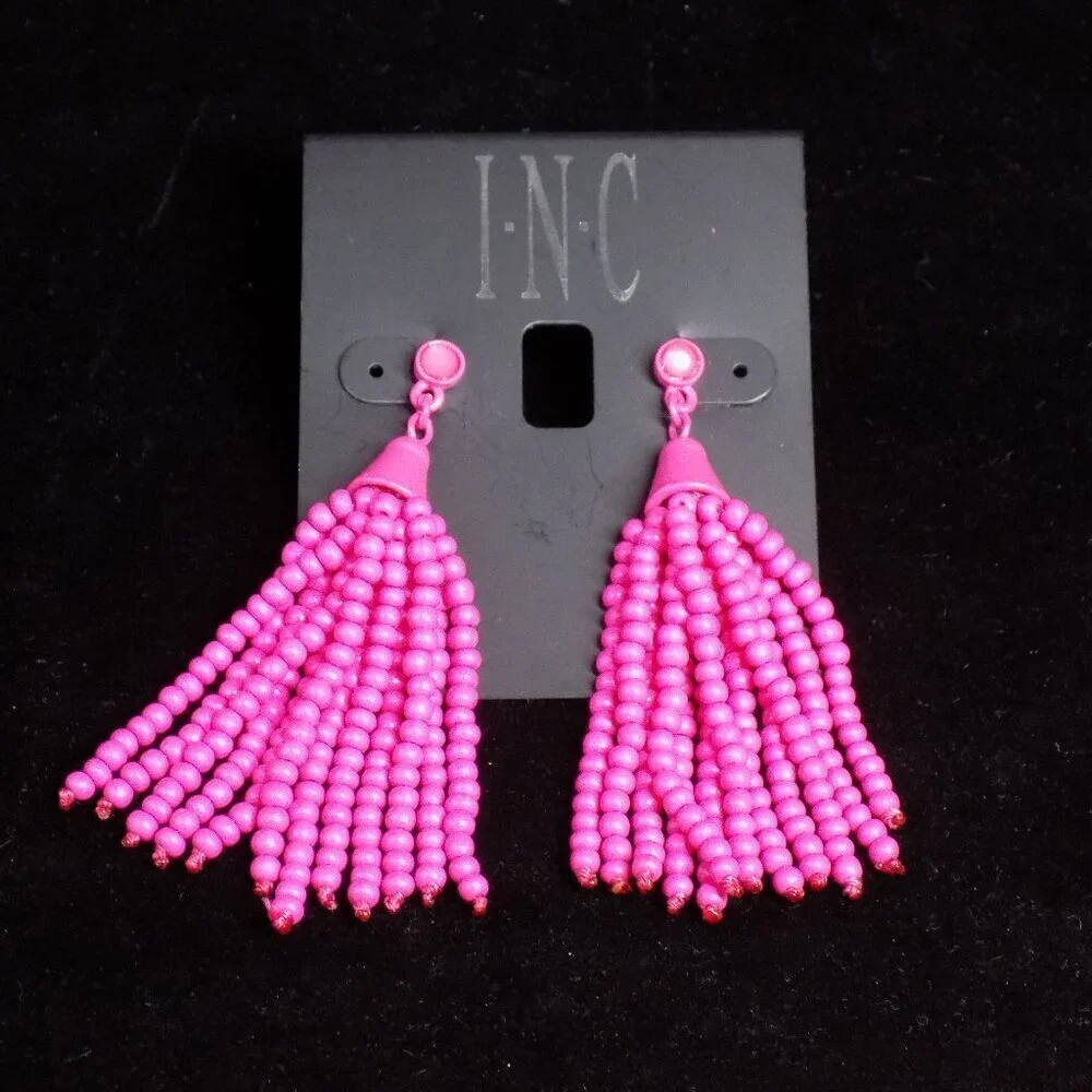 Inc International Concepts Earrings Pink Beaded Tassel Post Drop Long Statement - Picture 5 of 7